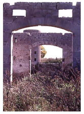 Two roofless stone arch doorways with silo behind, surrounded by grass