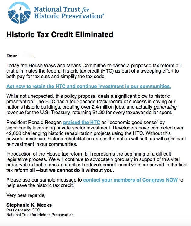 A letter from the President of the National Trust for Historic Preservation, Stephanie Meeks, promoting the Historic Tax Credit 