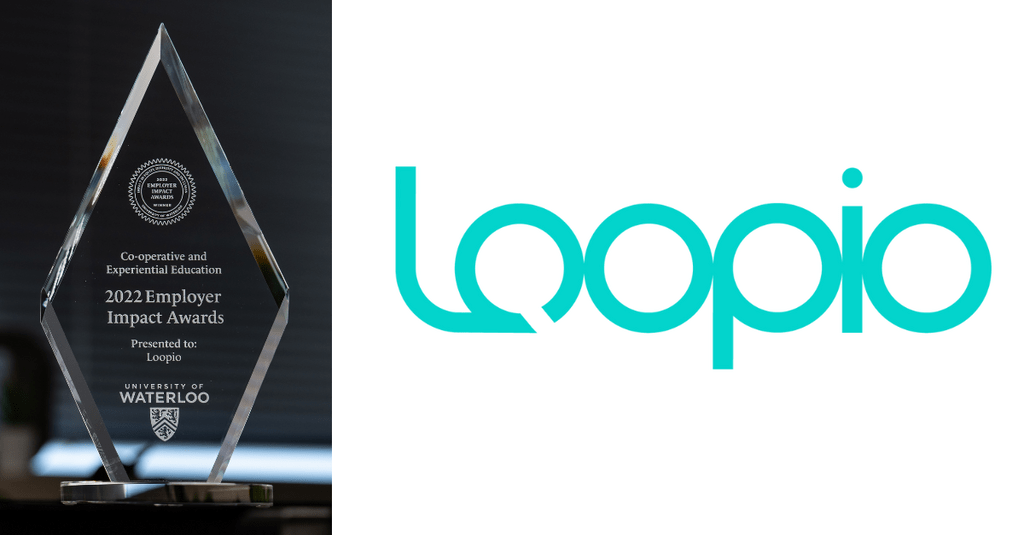 Employer Impact Award diamond shaped glass trophy and the Loopio logo