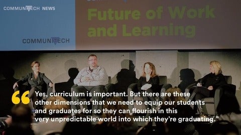 Panelists at Future of Work and Learning sit in front of banner. 