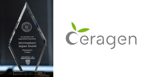Employer Impact award diamond shaped glass trophy and the Ceragen logo
