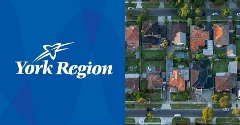 York Region logo with an aerial view of a residential sub division