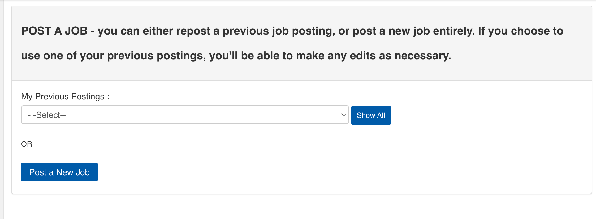 Screenshot of post a job options in WaterlooWorks