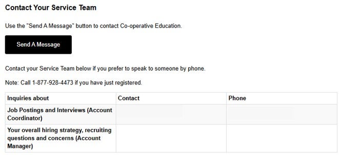 Screenshot of WaterlooWorks shows a "send a message: button under contact your service team.