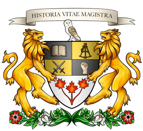 History crest with two lions holding a shield.