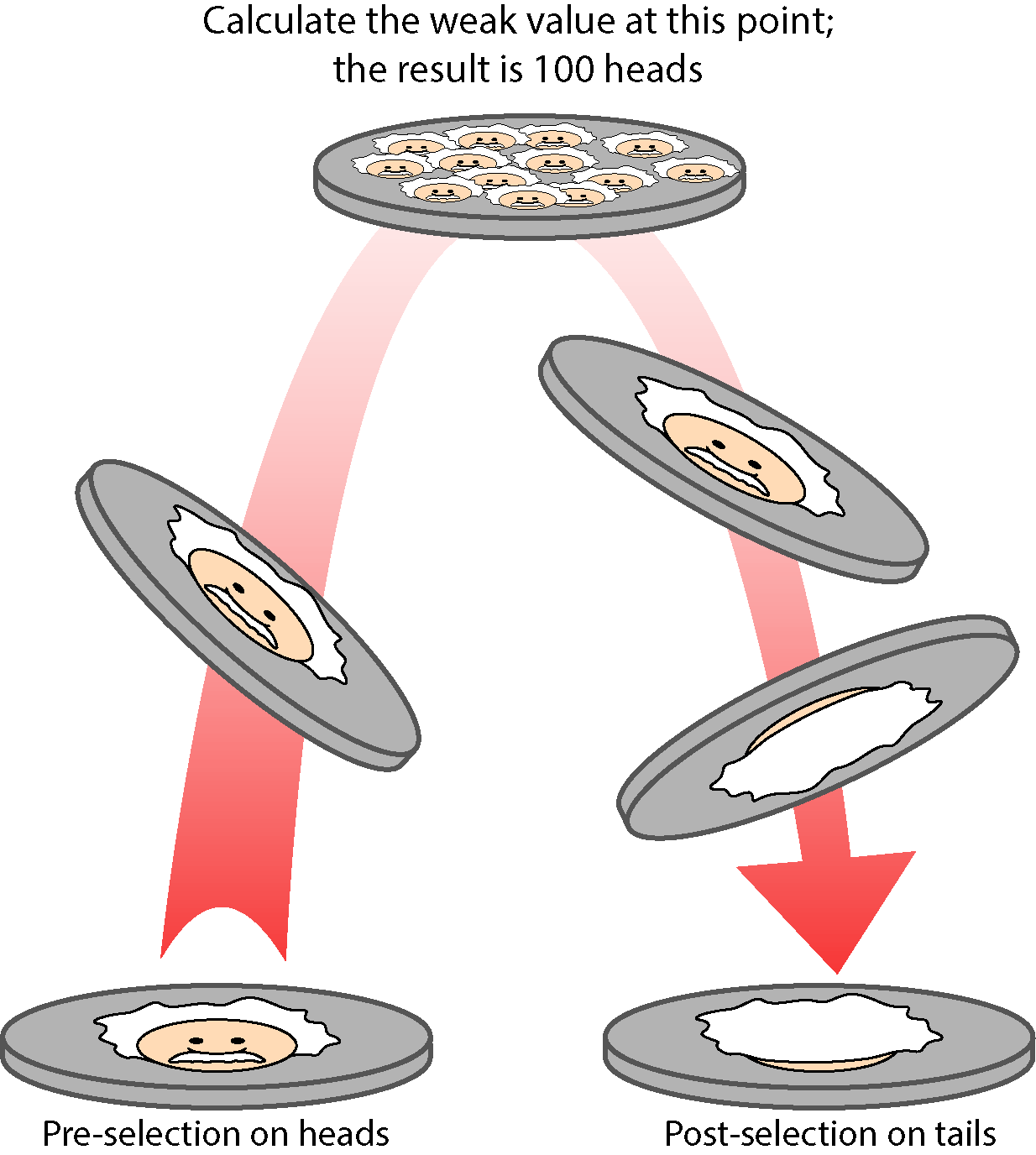 Diagram of pre-selection on heads and post-selection on tails of 100 flipped coins