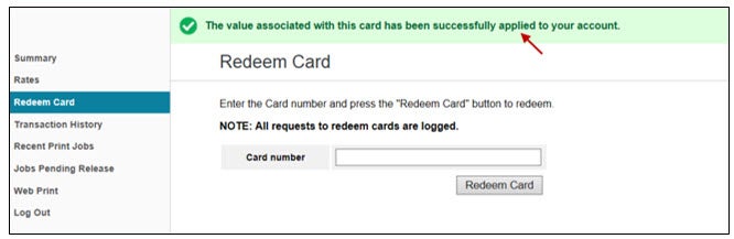redeem card confirmation screen
