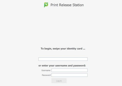 Print Release Station login screen