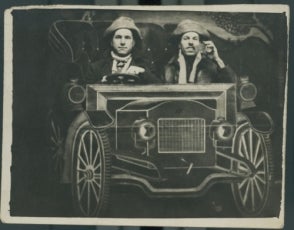 Harry Byers and friend in cardboard car