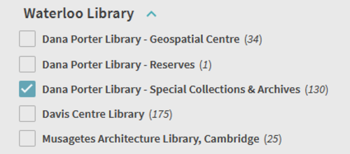 Screenshot of Dana Porter Library - Special Collections &amp; Archives location filter selected in catalogue