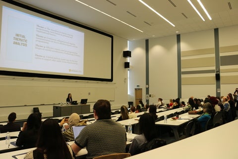 A wide shot of one presentation.