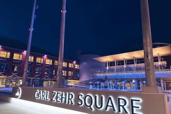 City of Kitchener’s Carl Zehr Square lit up in blue
