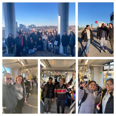 Collage of PLAN 720's Class Trip on the ION LRT to Kitchener's Southern Terminus, where the class was able to learn about the challenges of planning for transit-oriented densification.