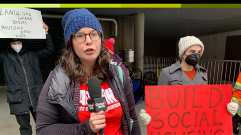Hannah Wood, chair for the Halifax Peninsula chapter of the Association of Community Organizations for Reform Now (ACORN) speaks with Global News at a recent rally.