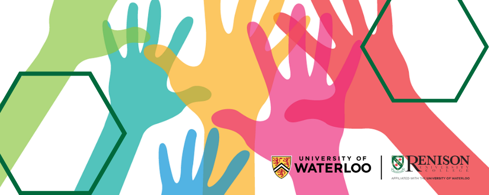 colourful animated hands reaching with green hexagons and the university of waterloo and renison logo