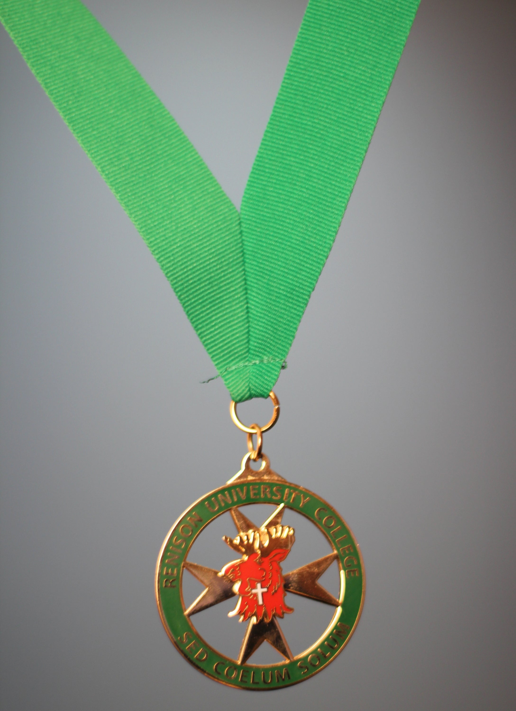A green medal hung from a green ribbon.