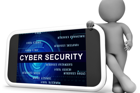 Icon of a person standing beside a large screen with text, 'Cyber Security'