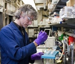 Person in a lab dropping liquid into a tray of test tubes