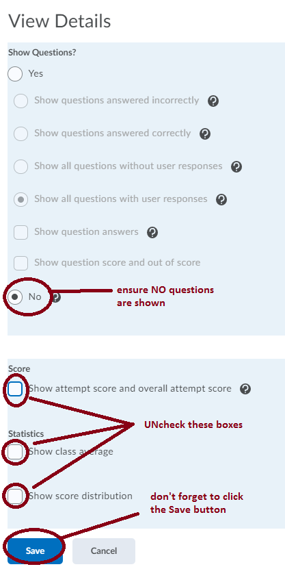 Especially for summative assessment, you may want to UNcheck "Show attempt score...".  Additionally ensure No is slected for "Show Questions" and uncheck other "Show" checkboxes.