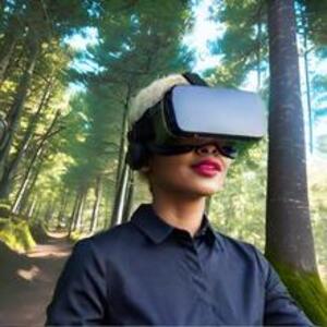 A black woman wearing a virtual reality headset, in a forest setting with tall trees and sunlight. The image is AI-generated.