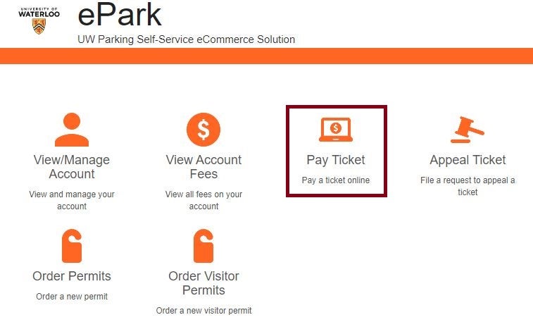ePark Dashboard highlighting pay ticket widget