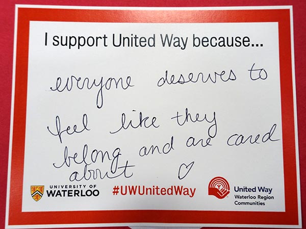 Testimonial card that says &quot;I support the United Way because everyone deserves to feel loved and cared about&quot;
