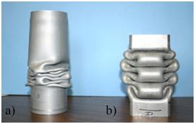 Folding behaviour for AA5754 alloy tubes: (a) round tube - diamond mode and (b) square high pressure hydroformed tube - symmetric mode