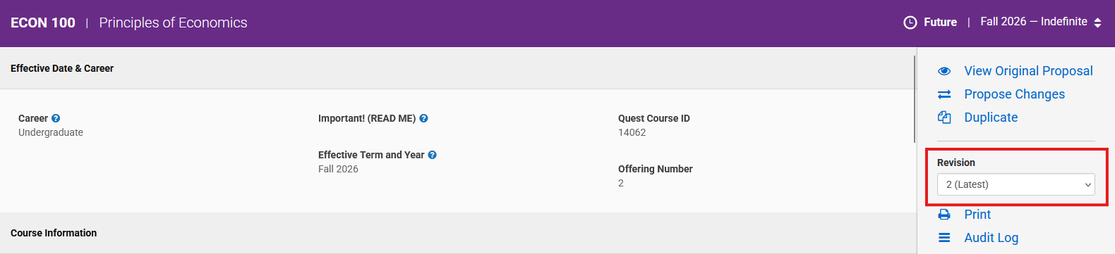 Screenshot of Revision pull-down menu on the ECON100 Fall 2026 version.