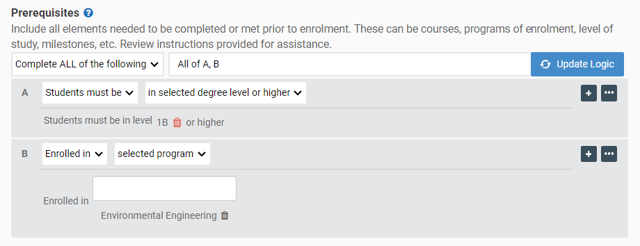 Screenshot of ENVE123 course prerequisite rules