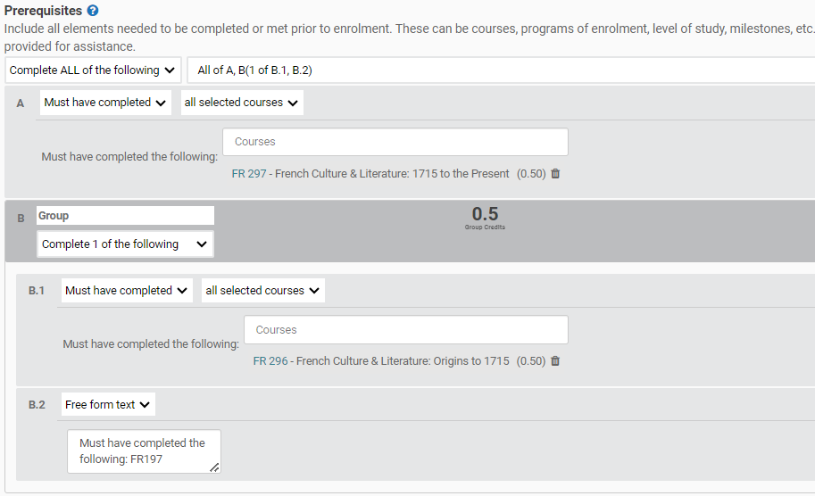 Screenshot of FR365 course prerequisite rules