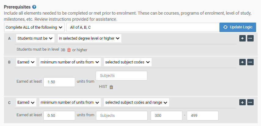 Screenshot of HIST450 course prerequisite rules