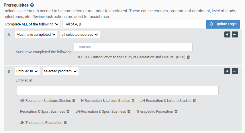Screenshot of REC151 course prerequisite rules