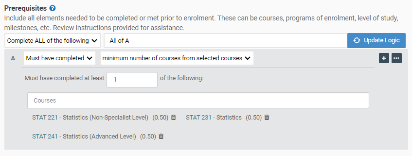Screenshot of ENVE123 course prerequisite rules