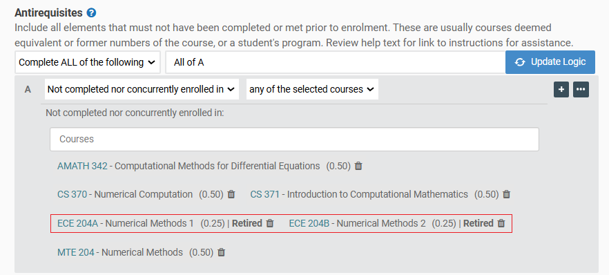 The original antirequisite for scenario 10, in a draft proposal, displaying "retired" next to the two ECE courses in the list.