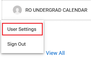 Screenshot highlighting how to access user settings in Kuali.