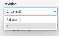 Screenshot of the Revision pull-down menu with options listed as: 2 (Latest) and 1.
