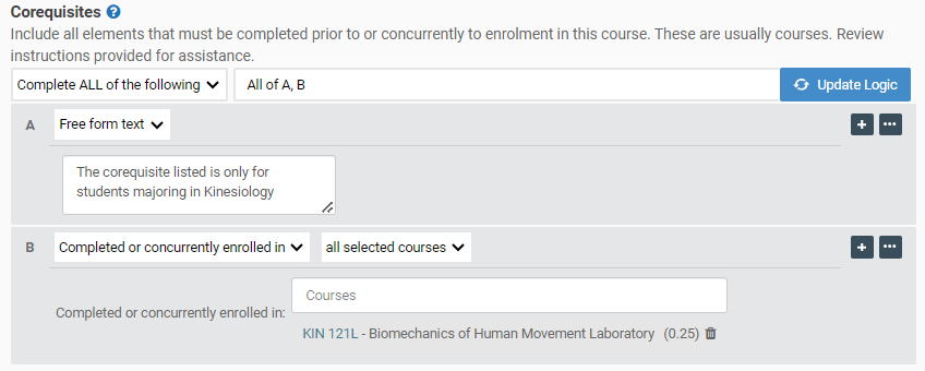 Screenshot of KIN121 course corequisite rules