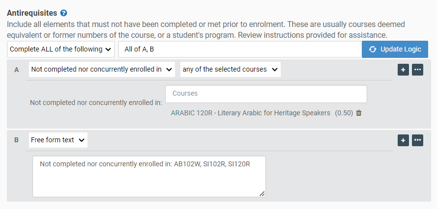 Screenshot of scenario using free form text rule to add a non active course requisite.