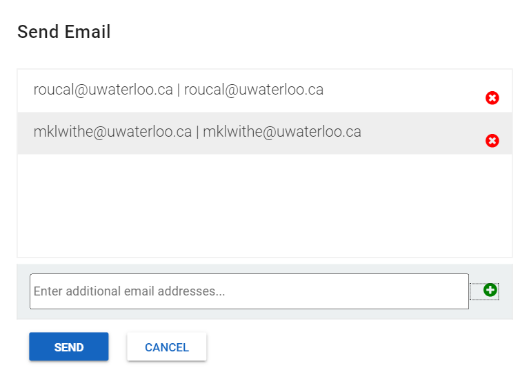 Screenshot of the Send Email pop-up window, highlighting email addresses entered.