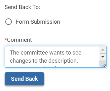 Screenshot of the Send Back comment box and button.