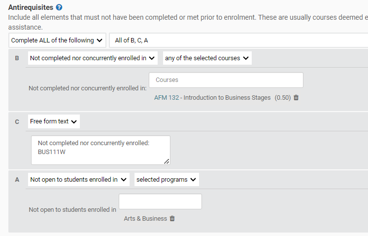 Screenshot of AFM131 course antirequisite rules