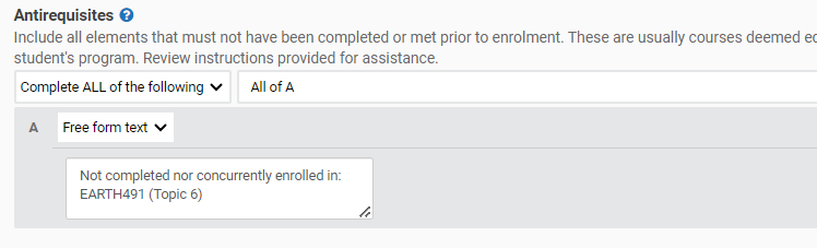 Screenshot of EARTH355 course antirequisite rules