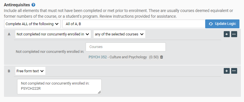 Screenshot of PSYCH349R course antirequisite rules