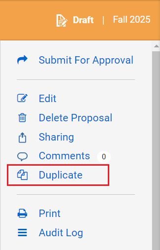 The duplicate button in the right navigation menu of a draft proposal.