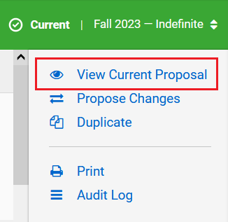 Image of right navigation panel when viewing a record when "View Current Proposal" link is present.