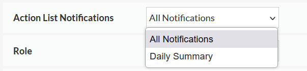 Screenshot highlighting action list notification options in Kuali.