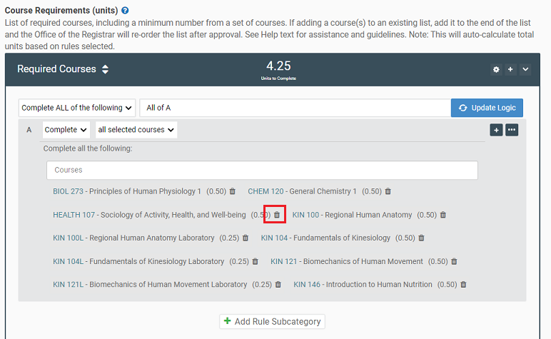 Screenshot of plan requirements list of courses, with trash can icon highlighted.