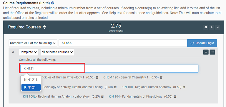 Screenshot of adding a course to a requirements course list.
