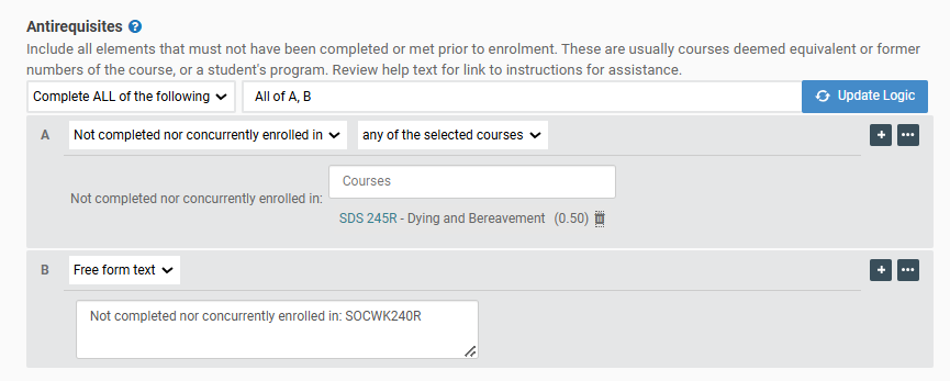 Kuali CM antirequisite rules, displaying how to input a course that has had the subject code and number changed.