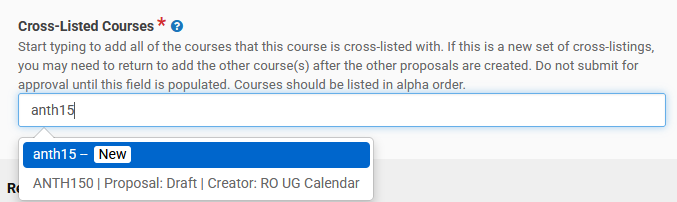 Drafted course proposal visible from the Cross-Listed Courses field selection box.
